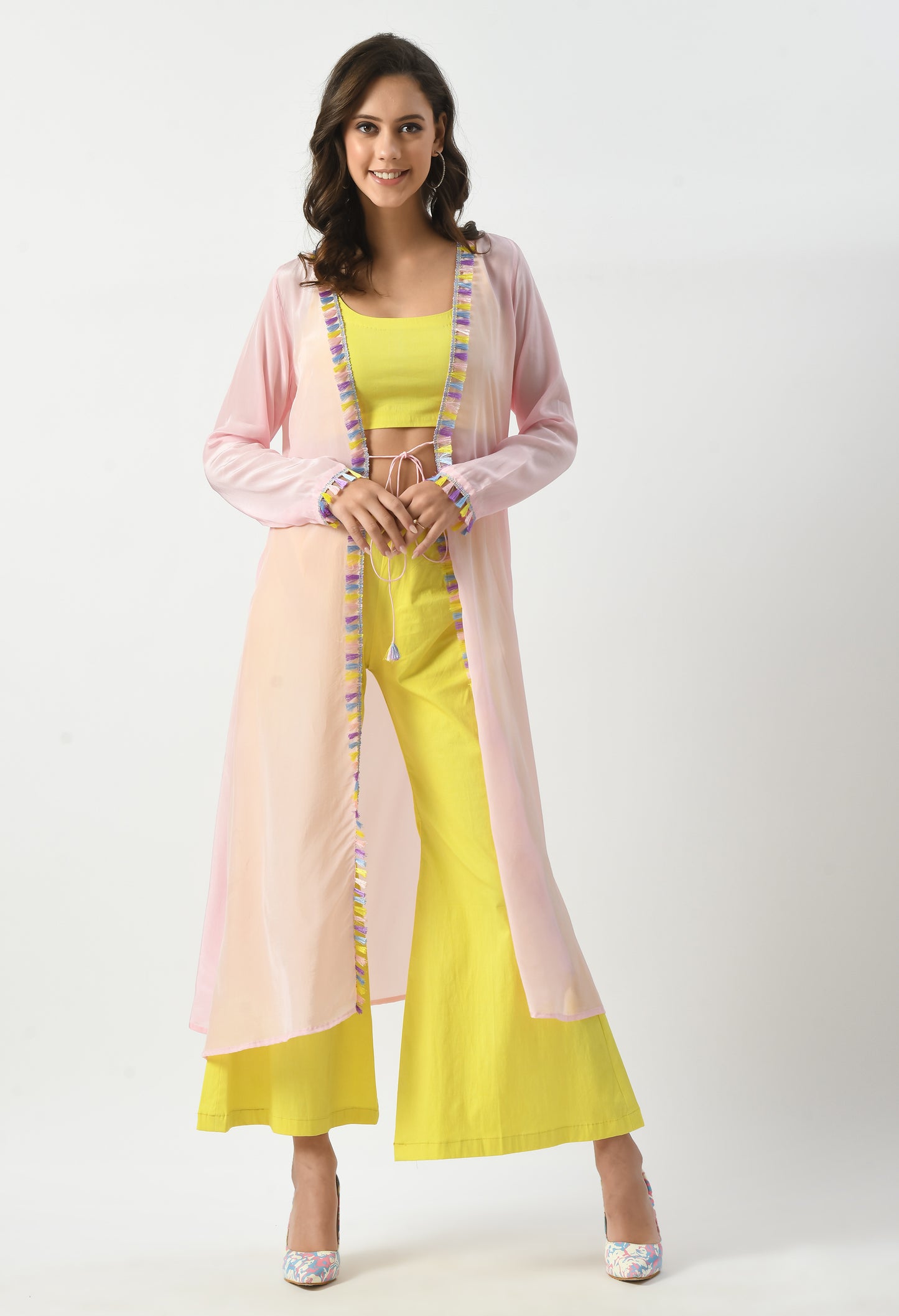 Lemon Fresh Co-Ord Set with Light Pink Shrug