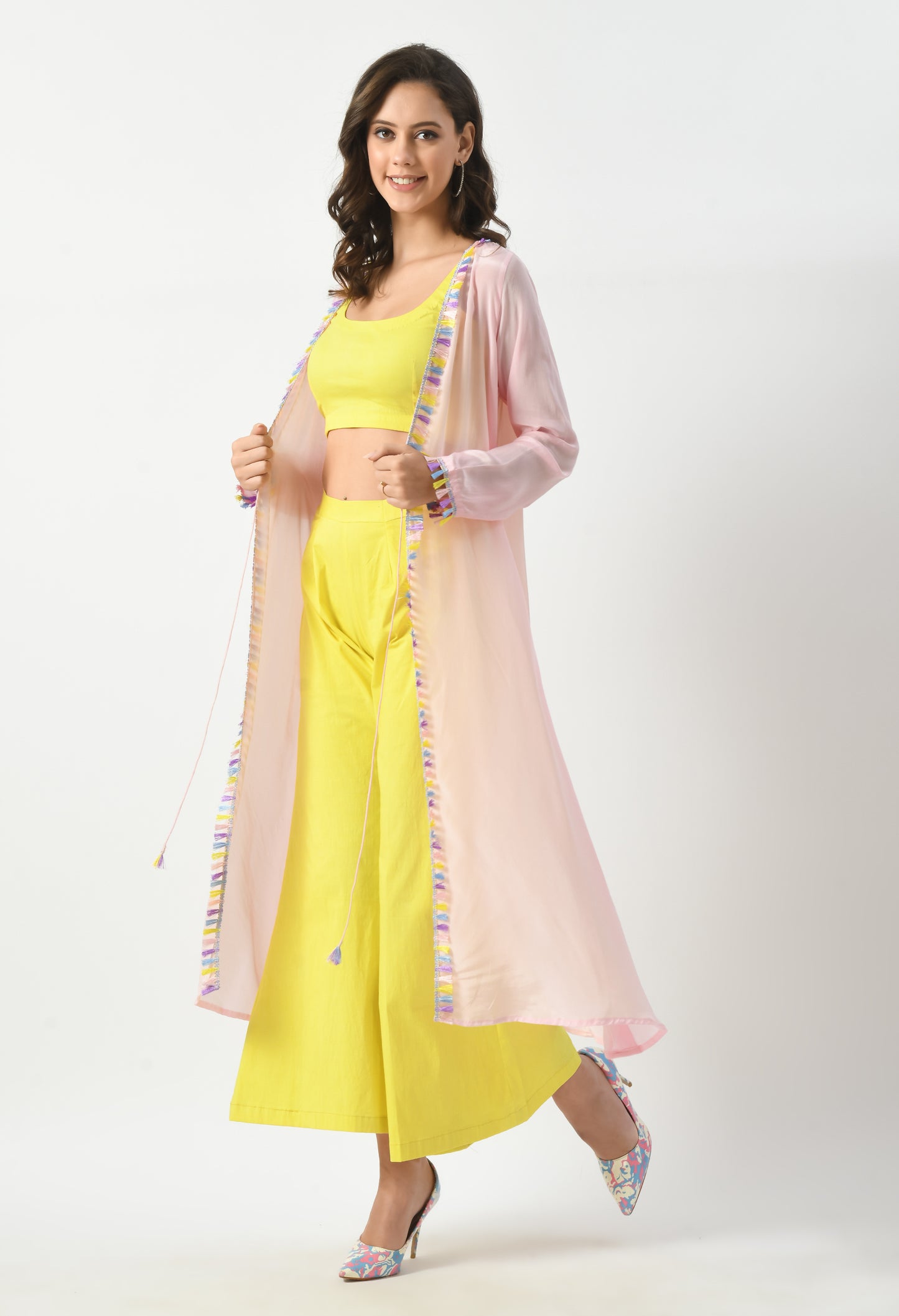 Lemon Fresh Co-Ord Set with Light Pink Shrug