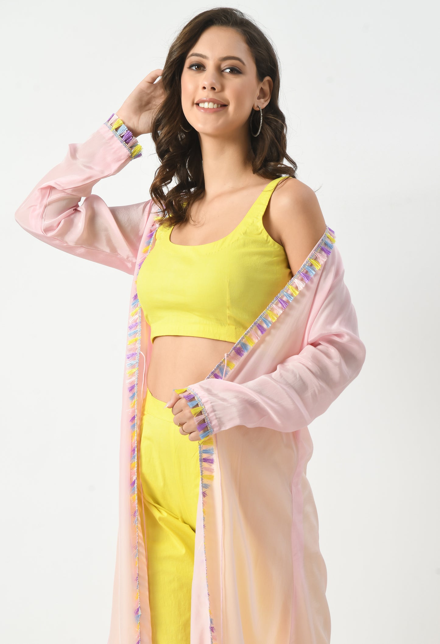 Lemon Fresh Co-Ord Set with Light Pink Shrug