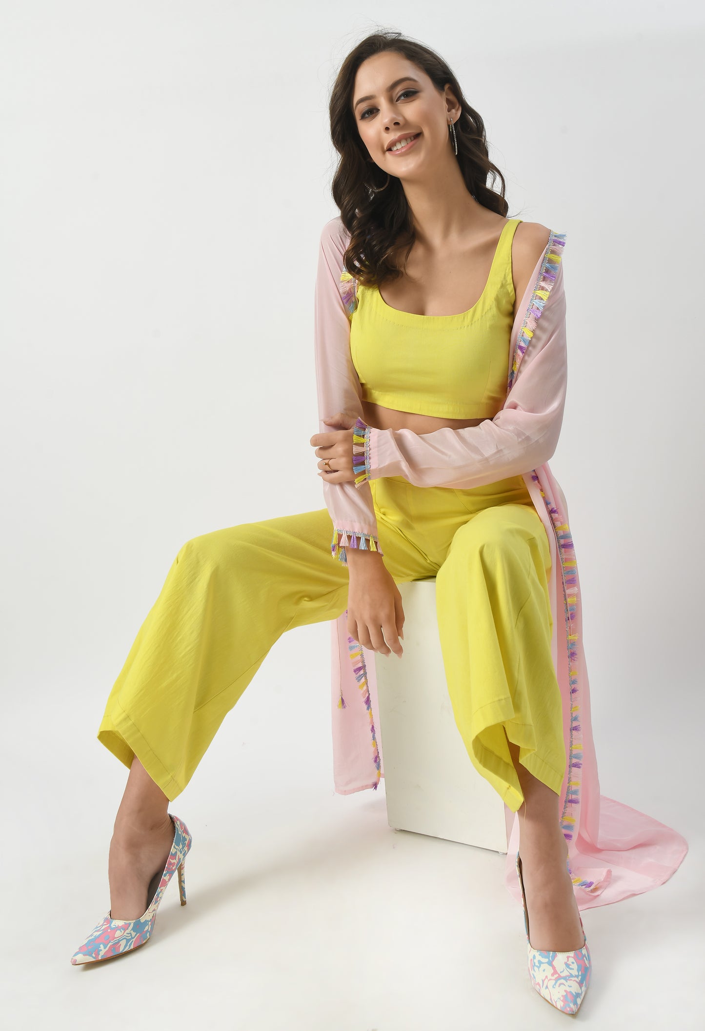 Lemon Fresh Co-Ord Set with Light Pink Shrug