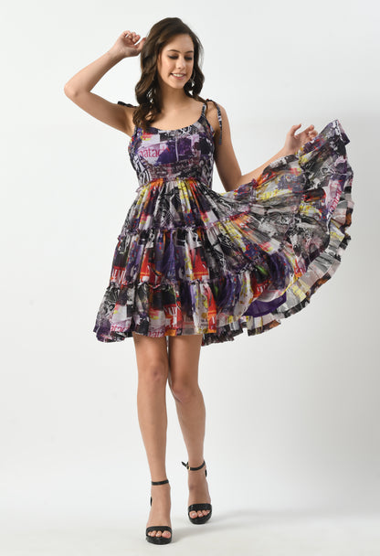 Whimsical Print Frill Dress