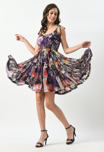 Whimsical Print Frill Dress