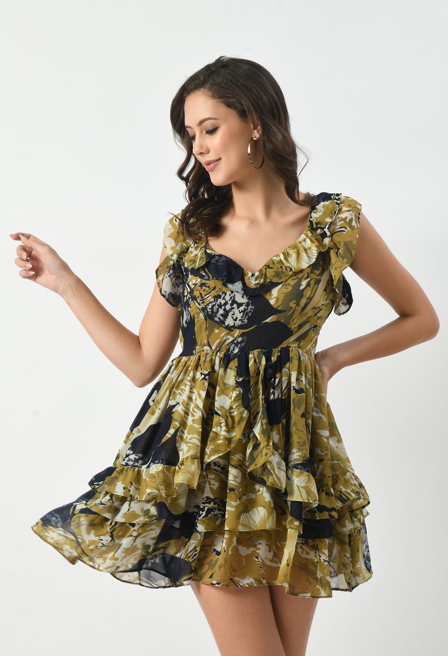 Enchanting Meadow Green Printed Cute Dress