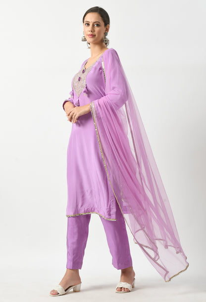 Lavender Elegance Suit with Silver Lace